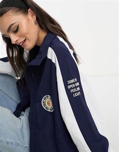 Bershka athletic track jacket in navy .